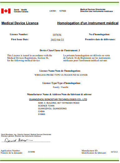 热烈祝贺索诺星SonoStar再获得了加拿大注册证
